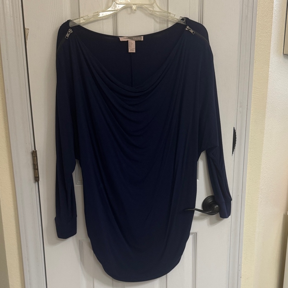 Zipper Accented Navy Blue Women's Top